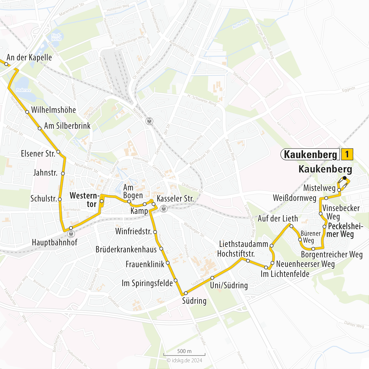 Kartenausschnitt der Linie 1 an der Kapelle bis Kaukenberg 15x15
