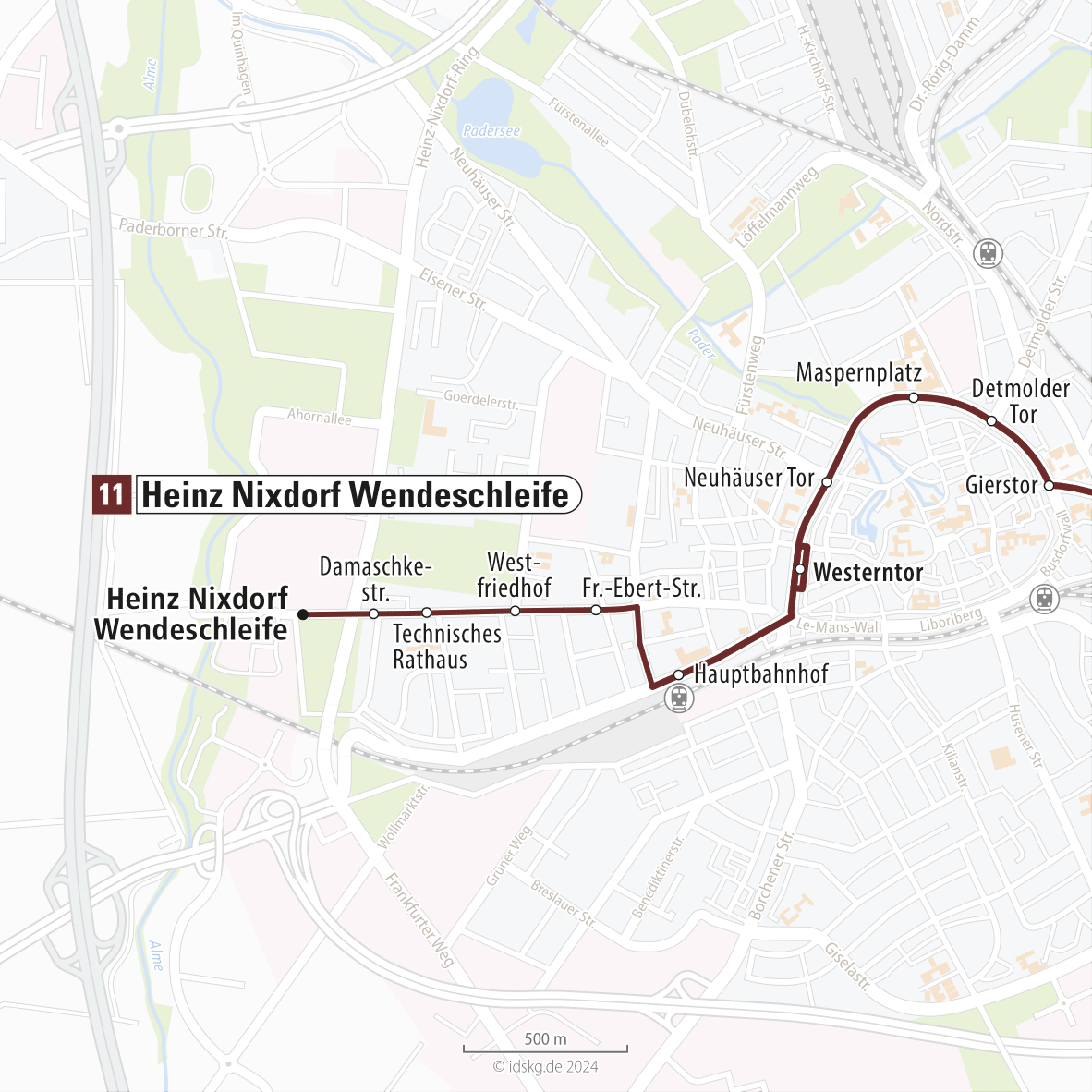 Kartenausschnitt der Linie 11 Heinz Nixdorf Wendeschleife bis Westerntor 15x15