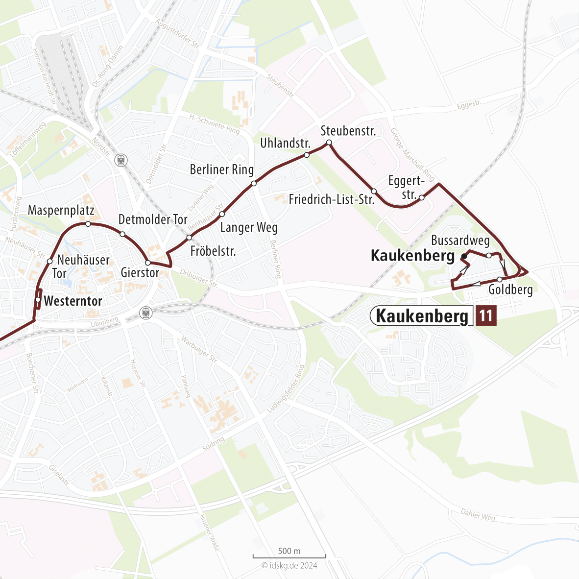 Kartenausschnitt der Linie 11 Westerntor bis Kaukenberg 15x15