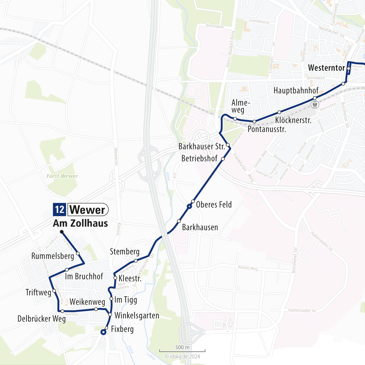 Kartenausschnitt der Linie 12 Wewer bis Westerntor 15x15
