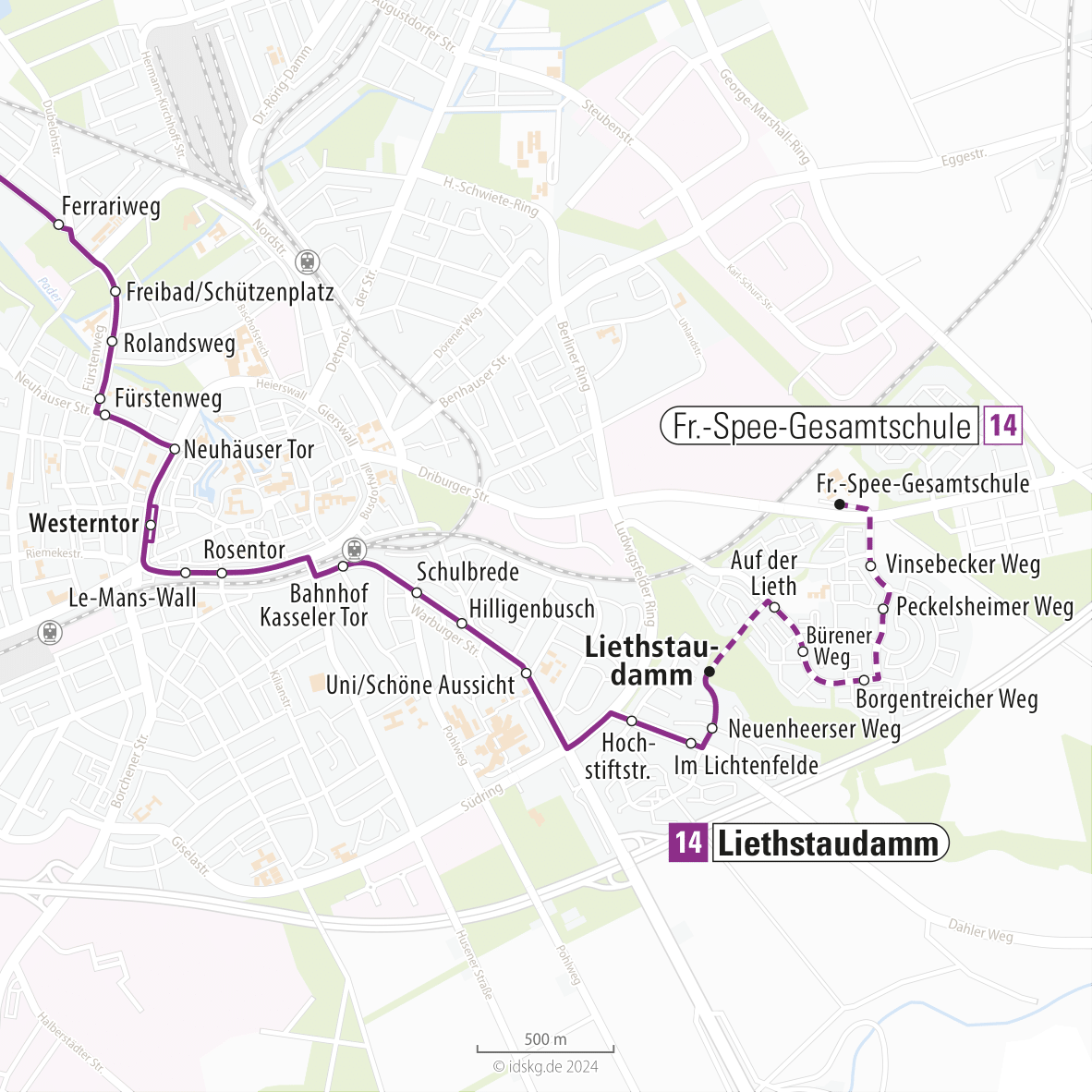 Kartenausschnitt der Linie 14 Innenstadt bis Liethstaudamm 15x15