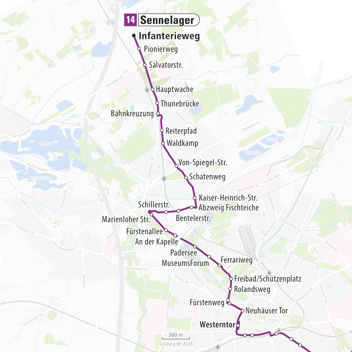 Kartenausschnitt der Linie 14 Sennelager bis Innenstadt 15x15