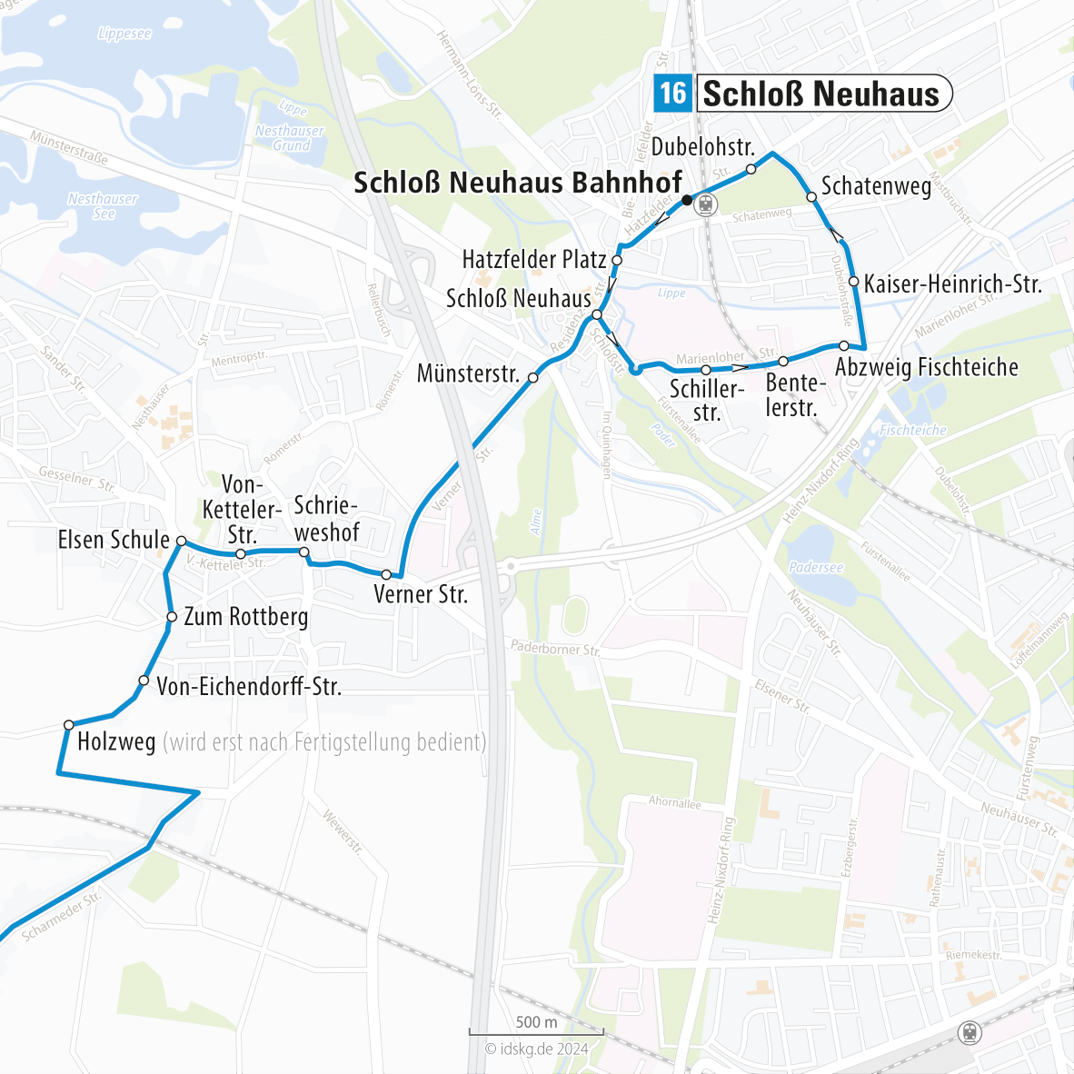 Kartenausschnitt der Linie 16 Scharmede bis Schloss Neuhaus 15x15