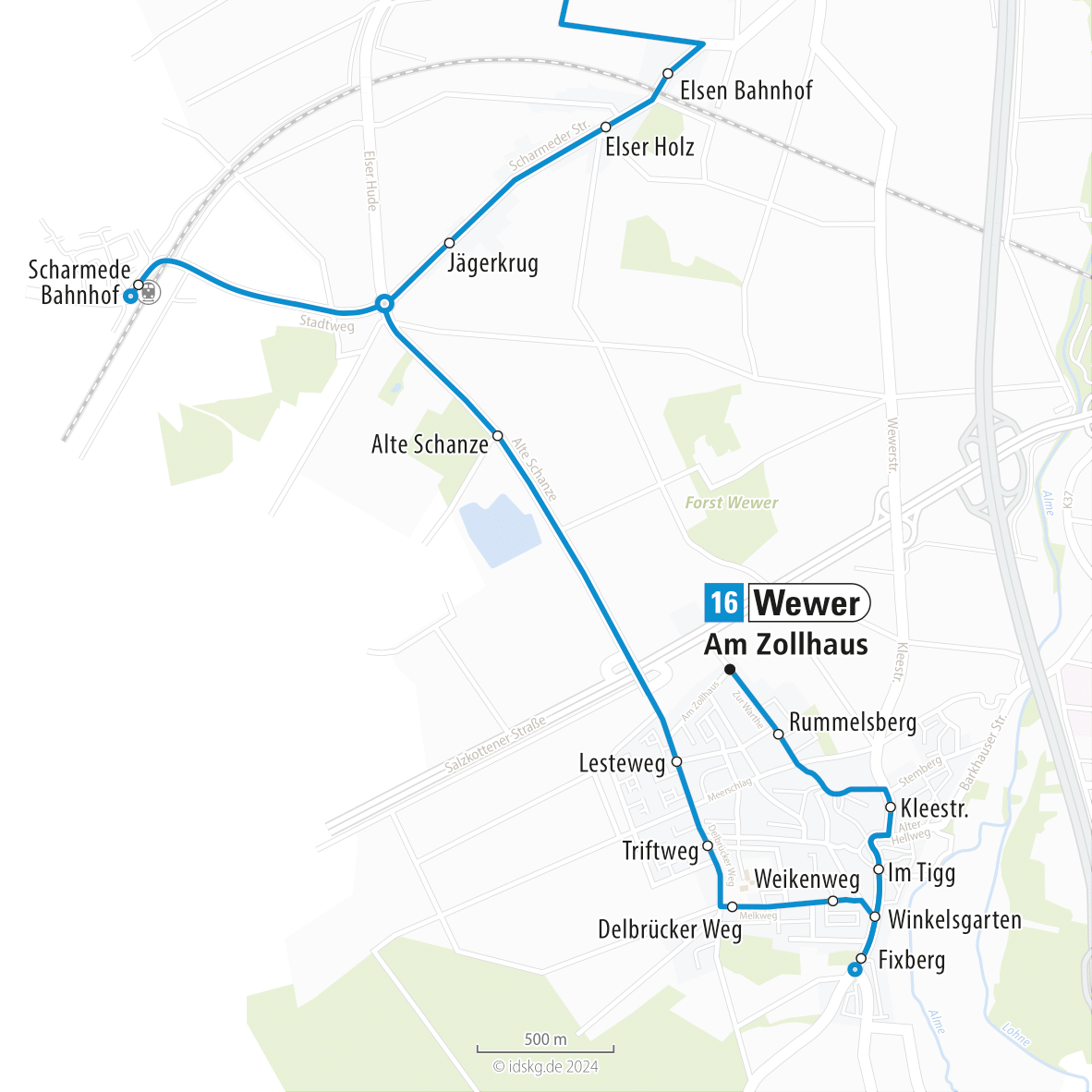 Kartenausschnitt der Linie 16 Wewer bis Scharmede 15x15