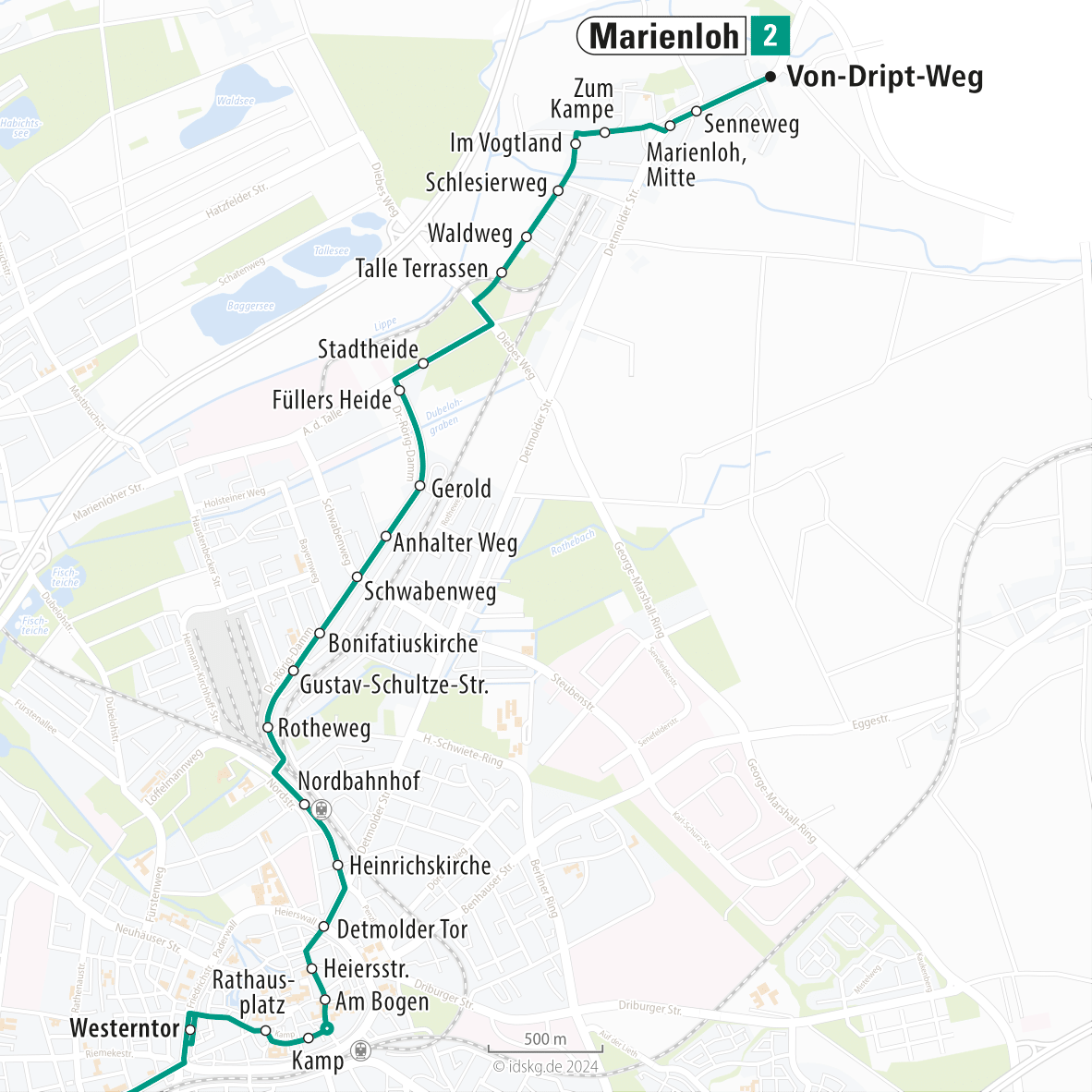 Kartenausschnitt der Linie 2 Westerntor bis Marienloh 15x15