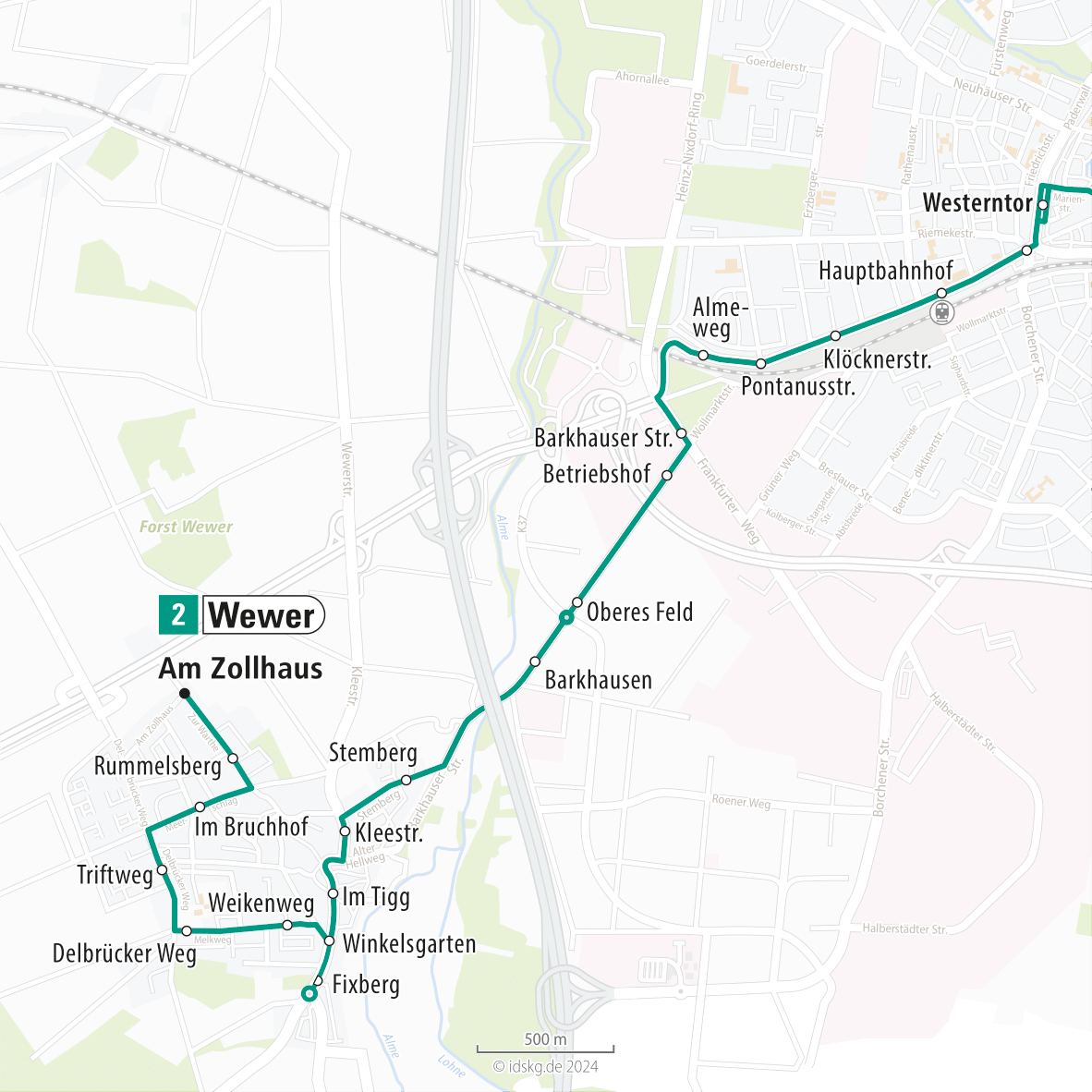 Kartenausschnitt der Linie 2 Wewer bis Westerntor 15x15