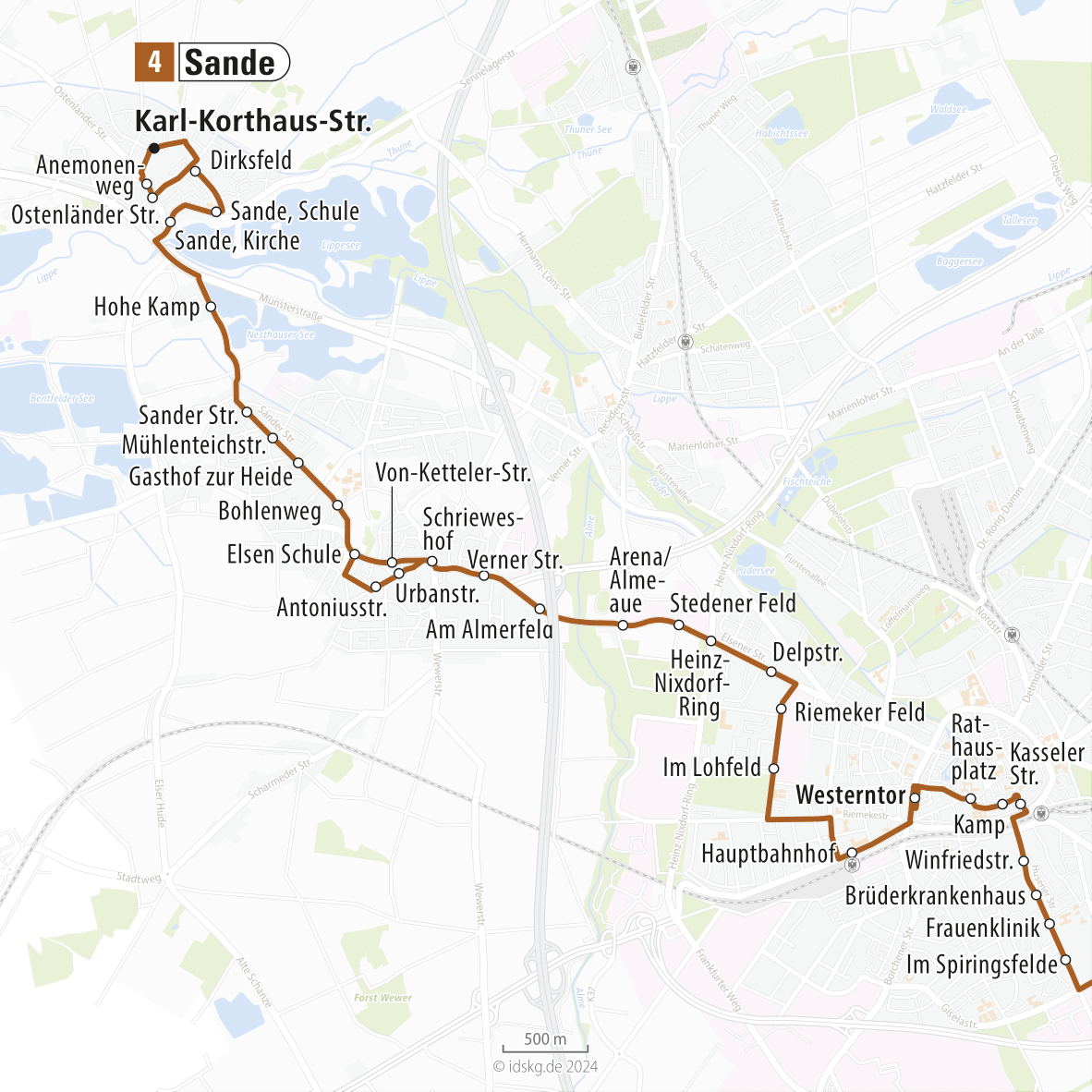 Kartenausschnitt der Linie 4 Sande bis Innenstadt 15x15
