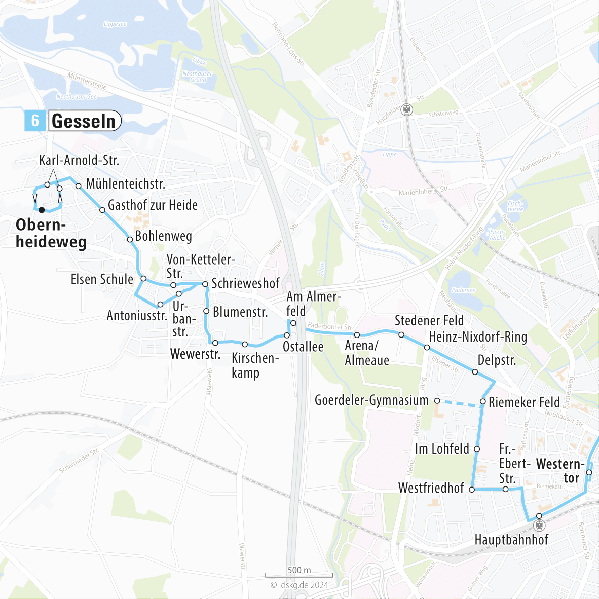 Kartenausschnitt der Linie 6 Gesseln bis Hauptbahnhof 15x15
