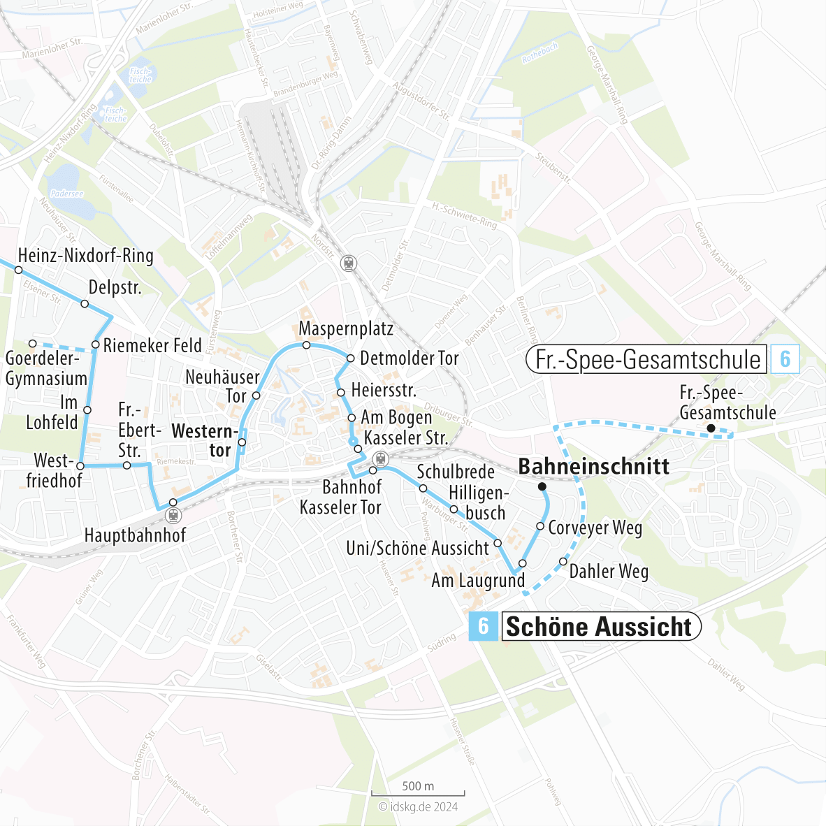 Kartenausschnitt der Linie 6 Hauptbahnhof bis Schöne Aussicht 15x15