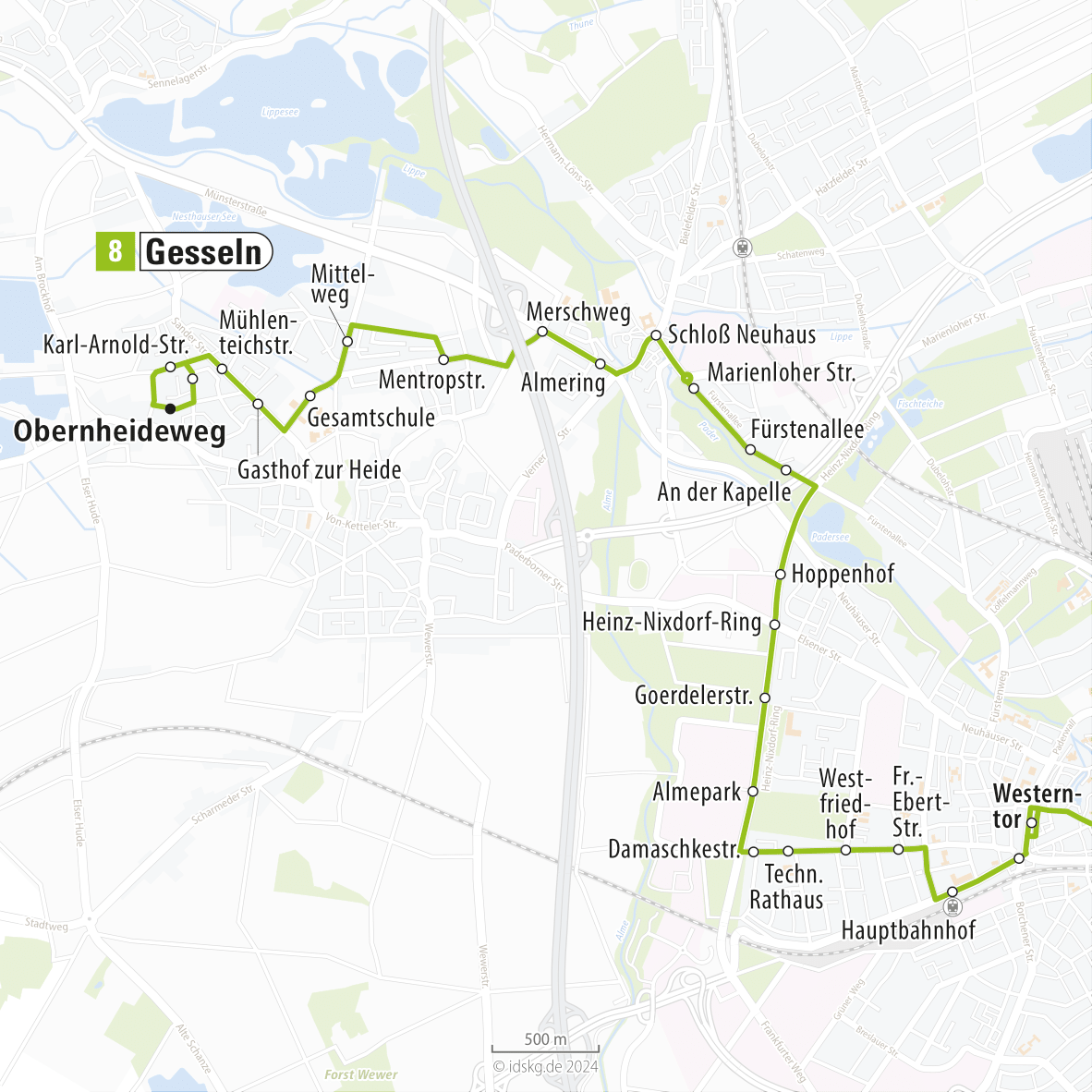 Kartenausschnitt der Linie 8 Gesseln bis Westerntor 15x15