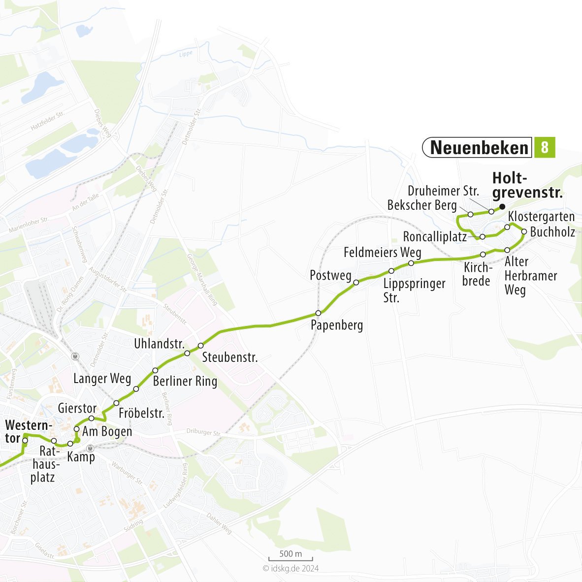 Kartenausschnitt der Linie 8 Westerntor bis Neuenbeken 15x15