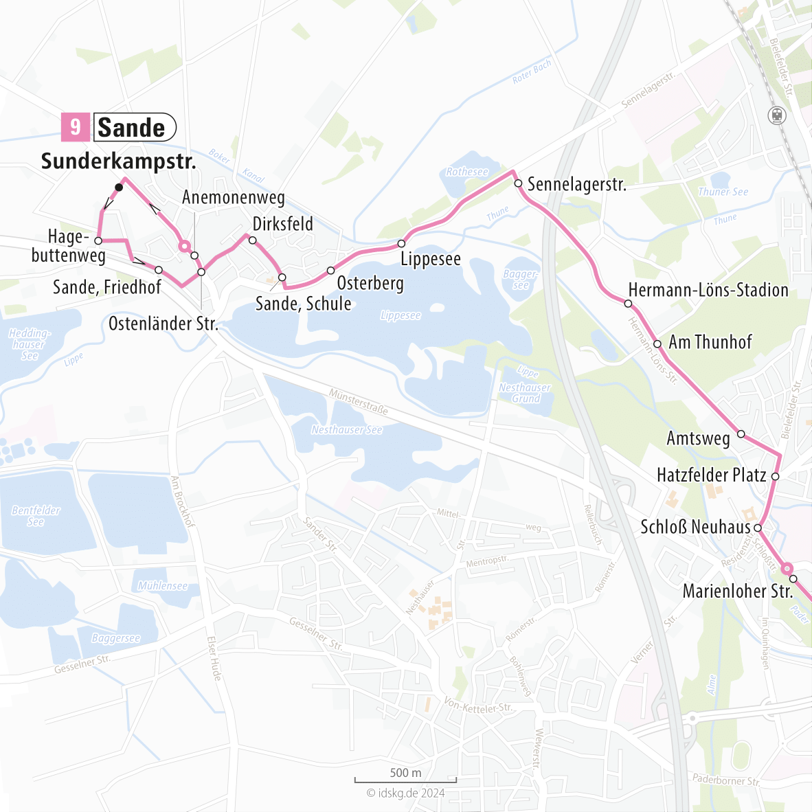 Kartenausschnitt der Linie 9 Sande bis Schloss Neuhaus 15x15
